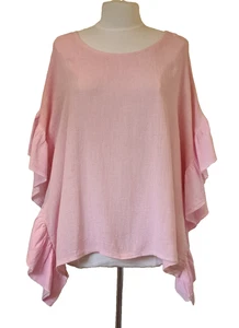 Italian Washed Linen Top Lagenlook pink Ruffle sleeve One Size UK 10-16 - Picture 1 of 11