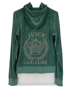 Juicy Couture Green Velour Full Zip Hoodie Jacket XL Crown Rhinestone Y2K VTG - Picture 1 of 24
