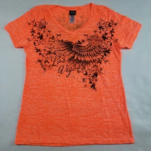 Harley Davidson Las Vegas Burnout Tee Womens 2X Orange Motorcycle Rhinestone Top - Picture 1 of 9