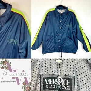 Versace Classic V2 Navy Neon Stripe Popper Front Jacket Spell Out Y2K Size L - Picture 1 of 11