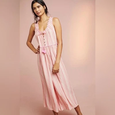 NWOT Anthropologie Visayas Boho Relaxed Striped Wide Leg Jumpsuit Pink Size Lrg - Image 1 of 4