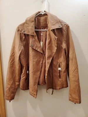 Max Studio 女式人造皮革摩托夹克棕色干邑外套大号全新带标签 — 第 1/4 张图片