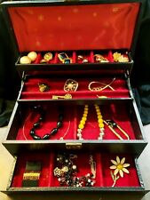 Vintage Mele Jewelry Box 4 Tier Black Cover & Red w 18 Pcs Grandma's Jewelry 