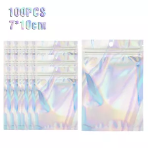 100PCS Holographic Rainbow Zip Lock Bags Clear Zip Seal Mylar Bags Foil Pouches - Picture 1 of 16
