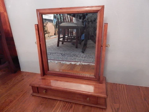 Mid Century Mission Style Maple Table Top Dressing/Shaving Mirror With Drawer Cover