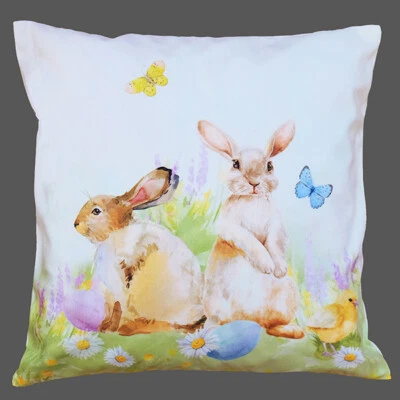 Kissenbezug Osterhasen Küken Blumenwiese Osterdeko Landhaus Polyester 40x40 cm - Bild 1 von 2