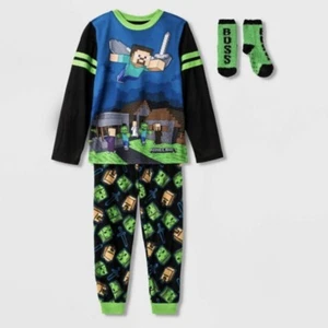 Minecraft  Pajamas Size XS 4/5 Boys Zombie Creeper 3 pc Set + Socks NWT NEW - Picture 1 of 1