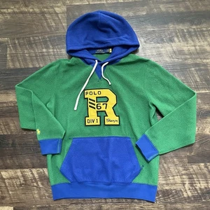 POLO RALPH LAUREN Brushed Fleece Green Letterman Colorblock Hoodie Small - Picture 1 of 8