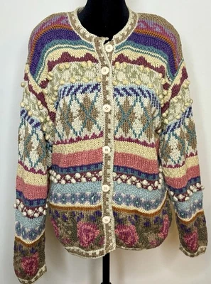 Vintage Casual Corner hand-knit silk cotton cardigan fair isle floral pattern M - Image 1 of 4