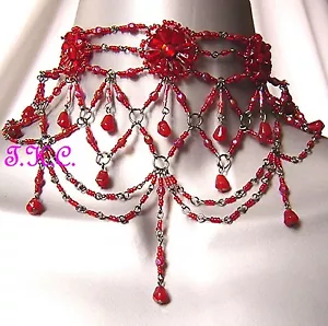 Bright Red Regency Goth Victorian Moulin Wedding Prom Ball Glass Choker Necklace - Picture 1 of 1