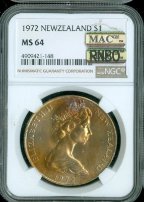 Dólar de Nueva Zelanda 1972 NGC MS64 semi tonificado calidad MAC Foto 1 de 2