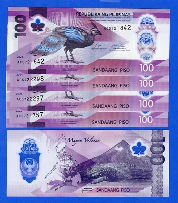 2024 Philippines 100 Piso  P-W238 UNC Polymer- Lot of 5 Notes - Image 1 of 3