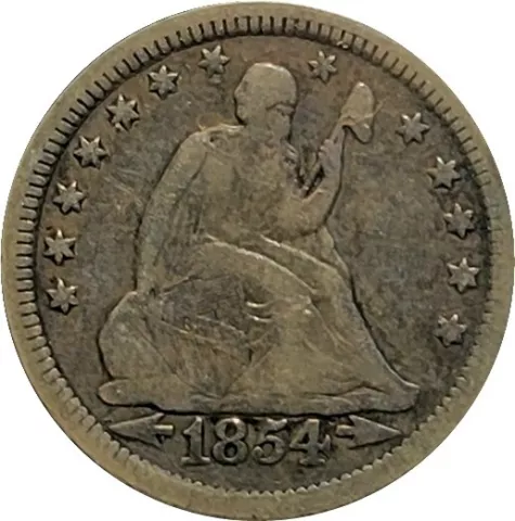 1854 Seated Liberty Quarter 25c Silver - Fine Conditon Cover