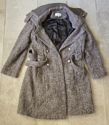 CALVIN KLEIN Marled Tweed Wool Blend Midi Winter Coat Belted Sz 12 - Image 1 of 4
