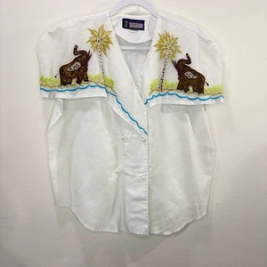 Michiko Perlen Perlen Elefant Top Vintage 80er Matrosenkragen Ramie Tropical - Bild 1 von 12