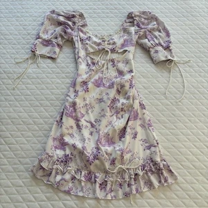 Mini Vestido For Love And Lemons Talla XS Blanco Lila Mangas Globo Coqueta Acanalada - Imagen 1 de 15