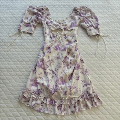 For Love And Lemons Mini Dress Sz XS White Lilac Balloon Sleeves Ruched Coquette - Image 1 of 4