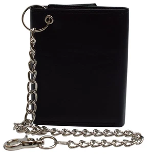 Men's RFID Blocking Premium Leather Chain Trifold Wallet (Black with Chain) - Picture 1 of 6