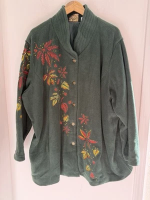 Bob Mackie Artsy Green Fleece Embroidered Floral Coat Jacket Lined 3X LykNew - Image 1 of 4