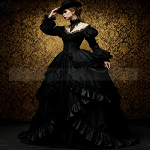 Black Gothic Wedding Dresses with Long Sleeves Medieval Ruffles Bridal Gowns - Picture 1 of 9