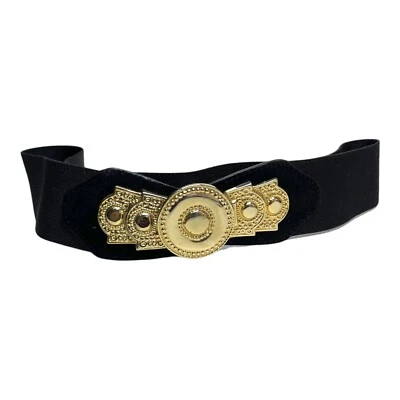 Wide Black Super Stretchy Belt Fancy Gold Buckle 2.5 Inch Wide Elastic Size ML - Image 1 of 4