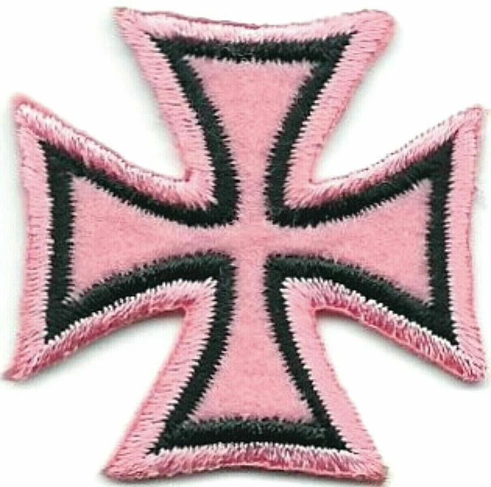 1 1/2" Pink Black Iron Cross Biker Chopper Patch - Image 1 of 1