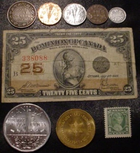 9 ITEM CANADA COLLECTION-COINS,MEDALS,25 CENT BANKNOTE & A 1935 1 CENT STAMP - Picture 1 of 10