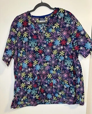 Tafford Winter Snowflakes Christmas Women’s 2 Pocket Scrub Top Navy Size LG - Image 1 of 4