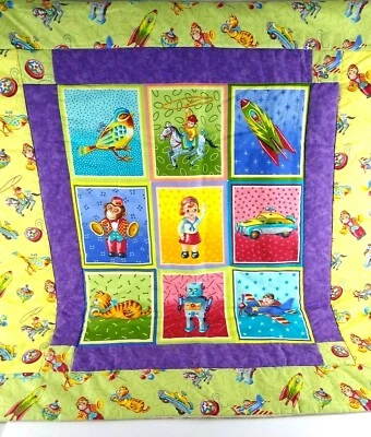 Handmade Baby Crib Blanket Quilt Nostalgic Toys Cowboy Doll Monkey Yellow 35x35 - Image 1 of 4