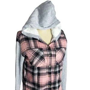 No Boundaries Top Jacket Womens/Juniors Size S (3/5) Pink Grey Plaid Hooded - Picture 1 of 4