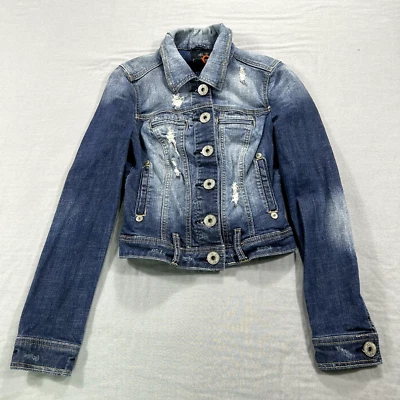 Chaqueta de mezclilla Guess para mujer XS azul recortada con botones Jean motociclista camionero damas Foto 1 de 4