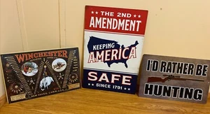Mancave Sign Lot Winchester Hunting 2nd Amendment Aluminum Tin Sign Lot Vintage - Picture 1 of 11