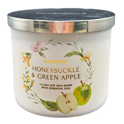 Goose Creek 金银花和绿色苹果 3 芯蜡烛花卉春果罐盖 — 第 1/4 张图片