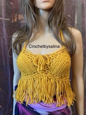 Halter Crochet Top Mostaza Festival Boho Playa Hippie 56 Crochetbysalina Foto 1 de 3