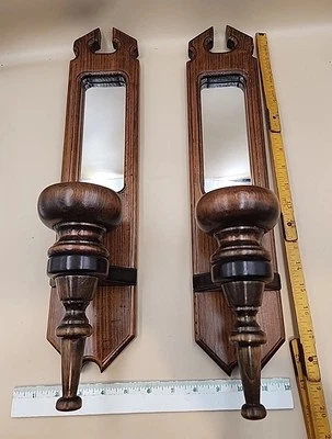 Wood/ Mirror Candle Holders Wall Mount Sconces 19.5" Lot of 2/Set Mid Century - Image 1 of 4