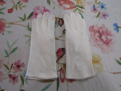 Vintage White Cotton Beaded Wedding Bridal Gloves-10" Bracelet Length-Size 7 1/2 - Image 1 of 4