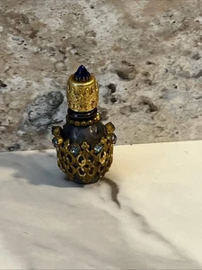 Antique Art Deco Czechoslovakia Mini Scent Bottle Blue Crystal Jeweled Goldtone - Picture 1 of 16
