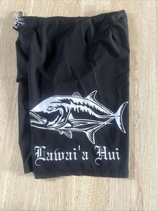 Wailoa Hawaiian Board Shorts Men’s 34 Lawai’a Hui Tuna Ahi Black Hawaii Surfer - Picture 1 of 16