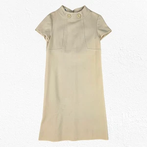 1960s Vintage Beige Tan Mod Union Made USA Made Mad Men Wool Mini Dress Size 6 - Picture 1 of 13
