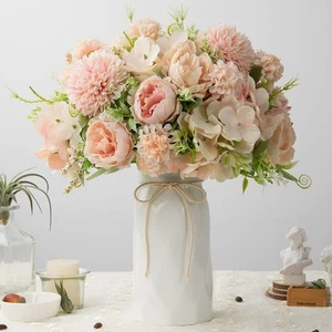 Artificial Peony with Vase Silk Flowers Bouquets Fake Hydrangea Bulks for Hom... - Picture 1 of 7