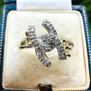 9k Gold Double Horseshoe Diamond Ring | Equestrian-Inspired Vintage Design - Picture 1 of 7