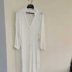 New FB Beach Pacific Maxi Dress Size L Ivory 3/4 Sleeve Semi Sheer Deep V-Neck - Picture 1 of 16