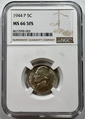 1944-P Jefferson Nickel – NGC MS66 5FS – Brilliant War Nickel – Full Steps - Image 1 of 2