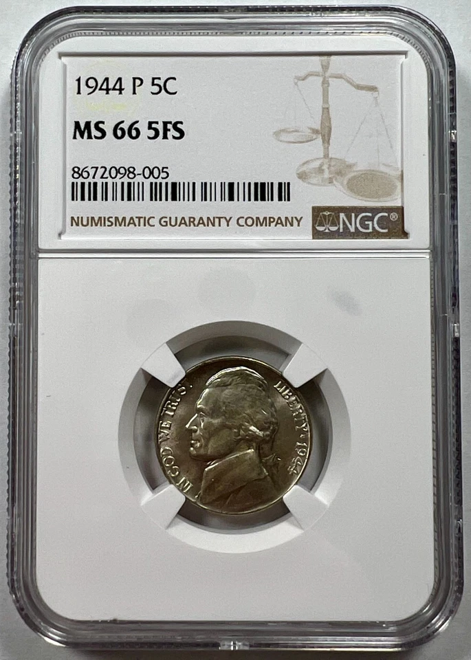 1944-P Jefferson Nickel – NGC MS66 5FS – Brilliant War Nickel – Full Steps - Image 1 of 2