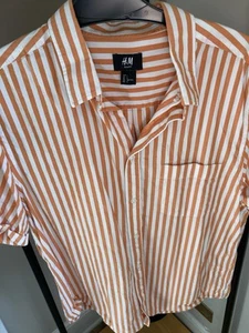 H M Men Shirt Orange Striped 100% Cotton Short Sleeve Button Down - Picture 1 of 3