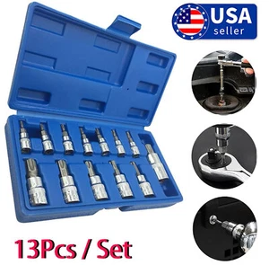 13 Pcs/Set Torx Star Female Socket Bit Set 1/2" 3/8" 1/4" Drive T with Case New - Picture 1 of 12