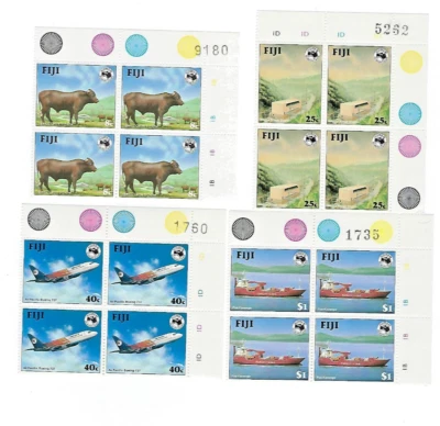 Juego completo de 4 bloques de esquina FIJI AUSIPEX 1984 de 4 MNH con números de hoja Foto 1 de 3