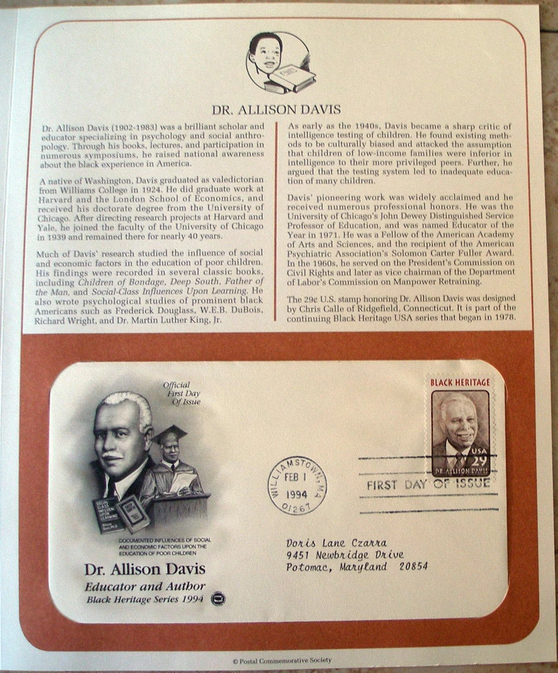 Postal Society First Day Cover FDC stamp # 2816 29 cent Dr Allison Davis 1994  - Image 1 of 1