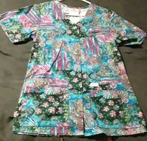 X Small Purple And Blue Flower Print Ladie's Scrub Top, Floral Print Scrub Top - Picture 1 of 1