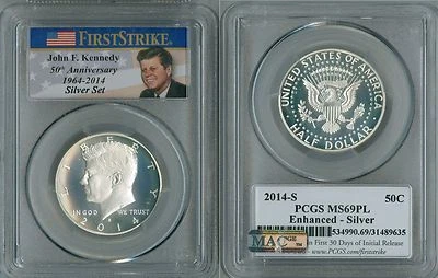 2014-S PCGS MS69PL FIRST STRIKE SILVER JFK HALF KENNEDY, SPOTLESS, PROOFLIKE! - Image 1 of 4